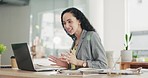 Woman, laptop and video call for meeting, consulting or webinar in communication at office desk. Happy business female talking on computer for consultation, greeting or schedule planning at workplace