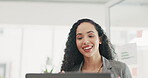 Happy woman, face and laptop on video call for meeting, webinar or communication at office desk. Business female smile and talking on computer for consulting, greeting or project plan at workplace