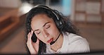 Headache, night telemarketing work and woman with pain and stress with communication. Digital glitch, dark and call center worker with professional anxiety and frustrated mistake in workplace