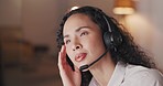 Stress, headache and woman in call center frustrated and overwhelmed with workload. Overtime, burnout and tired  customer service agent consulting on phone call with anxiety, deadline and job crisis.