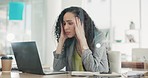Anxiety, stress and business woman on laptop with worry, burnout and online problem at office desk. Mental health, corporate and female worker frustrated, depression and worried working on computer