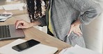 Back pain, office and hands of business woman with laptop with strain, joint inflammation and muscle ache. Computer, stress and female worker at desk with medical injury, accident and spine problem