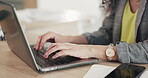 Business woman, laptop and hands typing on keyboard for schedule, planning or communication on office desk. Hand of female project planner working on computer to email tasks, idea or strategy at work