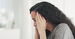 Headache, stress and business woman on laptop with worry, burnout and glitch problem in office. Mental health, corporate and female worker working on computer with frustrated, depression and anxiety