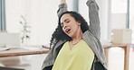 Stretching, yawn and woman on laptop for business fatigue, muscle health problem or office stress. Tired biracial person or worker on computer pc with low energy, depression or burnout for online job