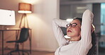 Business woman, smile and stretching to relax from easy project, deadline achievement and happiness at night. Happy female worker, hands behind head and finish overtime, office goals and productivity