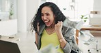 Business woman, laptop and celebration for cash, winning or prize in bonus promotion or corporate success at office. Happy and excited female employee with money rain in happiness for company profit