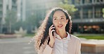 Business woman outdoor, phone call and networking with communication and talking on commute to work in city. Professional female, corporate lawyer and cellphone conversation with happy employee