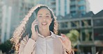 Business woman, phone call and talk in city for discussion, planning or network on street. Entrepreneur, conversation and smartphone for communication, contact or walking by metro buildings in summer