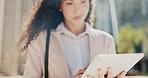 Social media, happy and a woman typing on a tablet, replying to an email and searching web in city. Smile, business and a girl with technology to check messages, email and notifications in town