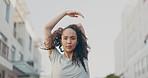 Runner, arm stretch and woman face in the city ready for fitness, exercise and workout. Running focus, training and healthy athlete portrait by urban building with motivation and stretching outdoor