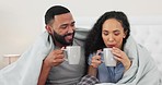 Love, blanket and couple with coffee, talking and romance for bonding, relationship or loving together. Romantic, man or woman with tea, affection or comfortable in home, cuddle or happiness with joy