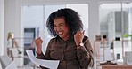 Business woman, celebration and throwing papers for winning, victory or promotion at office desk. Happy female employee winner celebrating paperwork success or corporate achievement at the workplace