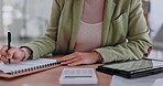 Business woman, hands and calculator in finance for budget planning, expenses or audit on office desk. Hand of female accountant working on tablet and clipboard calculating financial bills of company