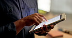 Businessman, hands and tablet in planning at night in design, digital marketing or corporate statistics at office. Hand of male employee analyst working late on touchscreen or mobile app at workplace
