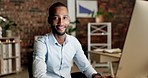 Office, business man and face of a happy employee at a computer for startup job. Happiness, online and professional worker portrait of a digital graphic writer with a smile from company and career