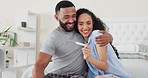Pregnancy test, happy man and woman in bedroom, positive results and excited hugging for future family. Life, love and wow, pregnant couple hug, smile and celebrate good news on bed with excitement.