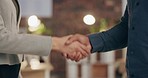 B2b handshake, deal or business people in partnership, collaboration or negotiation agreement in office building. Meeting, welcome or employees shaking hands for contract, thank you or crm support