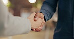 Shaking hands, b2b deal or business people in partnership, collaboration or negotiation agreement in office building. Meeting zoom, welcome or employees handshake for contract, thank you or support