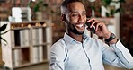 Phone call, happy and businessman talking in the office while working on a project with a laptop. Happiness, smile and professional male employee on a mobile conversation with cellphone in workplace.