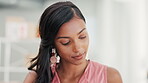 Focus, working and business woman reading in an office at work working and planning for a startup company. Serious, head and female employee or professional worker inspired by an idea or strategy