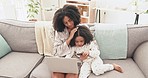 Online shopping, laptop and mother with child on sofa for internet purchase, ecommerce and card payment. Family, love and happy mom and girl with computer on couch for bonding, quality time and help