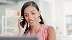 Phone call, laptop and woman fashion designer for logistics, startup planning and client ecommerce or online shop. Business owner or indian person talking on cellphone, computer and happy investment