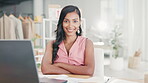 Happy woman, laptop and face in small business confidence with arms crossed for fashion logistics at workshop. Portrait of confident female clothing designer smiling for creative startup by computer