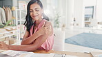 Shoulder pain, laptop and injury with Indian woman in small business for fatigue, stress and physical therapy. Anxiety, startup and burnout with female and massage for tension, muscle and strain