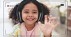 Wave, face and video call with child at home for hello, communication and connection. Internet, recording and online school with girl in living room for webcam, remote learning and education