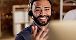 Happy man, call center and consulting with headphones at night in customer service or telemarketing at office. Businessman consultant agent smiling and working late talking with headset on computer