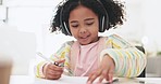 Education, elearning and young girl with headphones, test and writing with school document and distance learning. Early childhood development, growth and kindergarten, study and child with homework