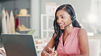 Call center, startup and woman fashion designer in happy video call, virtual online meeting and night planning on laptop. Logistics, entrepreneur or indian person with webinar discussion on computer