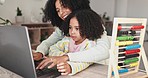 Laptop, education and mother with child in home for online learning, educational games and counting toys. Family home, love and happy mom and girl on computer for bonding, relax and child development