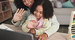 Video call, laptop and mother with child for learning, online education and math help or support in virtual class. Biracial family and child wave hello on computer happy for numbers teaching at home