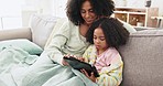 Relax, tablet and mother with child on sofa for online games, educational research and browse internet. Family, love and happy mom and girl with digital tech for bonding, quality time and movies app