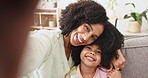 Selfie, funny face or playing with a mother and daughter having fun together in the living room of their home. Portrait, family or kids with a woman and girl child posing for a comedy photograph