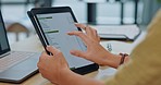 Hands, tablet and screen for woman in office with planning, schedule or company goals on mobile app. Startup, receptionist or secretary with touchscreen ux for analysis, research or communication