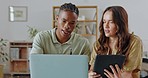 Startup, laptop and black man with woman in discussion, planning or negotiation talk in office. Businessman, computer or partner with tablet for collaboration, proposal or brainstorming for project