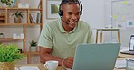 Black man, video call and headset for online teaching for conversation, learning and smile at desk. Education expert, computer or happy crm with headphones, microphone for communication on webinar