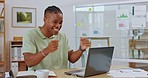 Black man, startup and celebration with laptop, fist hands and winning on web with crypto, gambling or esports. Winner, computer and celebrate for internet competition, contest and happy in workplace