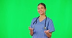 Healthcare, green screen and product placement, woman doctor, advice and  information on health care. Help, medicine and medical professional presentation of hospital studio chromakey announcement.