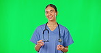 Healthcare, hand gesture and a nurse woman on a green screen background in studio to explain while consulting. Medical, perfect and diagnosis with a female medicine professional talking on chromakey