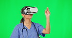 VR headset, healthcare and green screen with a nurse in studio to access a metaverse of medical data. Virtual reality, research and innovation with a female medicine professional on chromakey mockup
