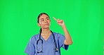 Healthcare, green screen and woman doctor with hands showing advice, information or health care announcement. Help, medicine and medical professional vr presentation of hospital chromakey background.