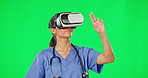 VR headset, medical and green screen with a nurse in studio to access a metaverse of healthcare data. Virtual reality, research and innovation with a female medicine professional on chromakey mockup