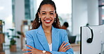 Face, business woman and smile with arms crossed in office, pride for call center career or job. Portrait, professional and happy, proud and confident female telemarketer or person from South Africa.