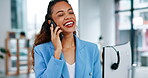 Business woman, phone call and laughing in office while talking to contact. Cellphone, conversation and happiness of professional person networking, speaking or funny discussion, comedy or joking.