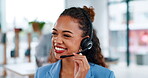 Business woman, face and laughing in call center for funny joke, meme or conversation at the office. Happy and friendly female consultant agent smiling or laugh for fun communication at the workplace