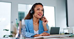 Business woman, call center and consulting with headphones on computer for customer service or support. Happy friendly female consultant agent talking and typing with headset on PC for online advice